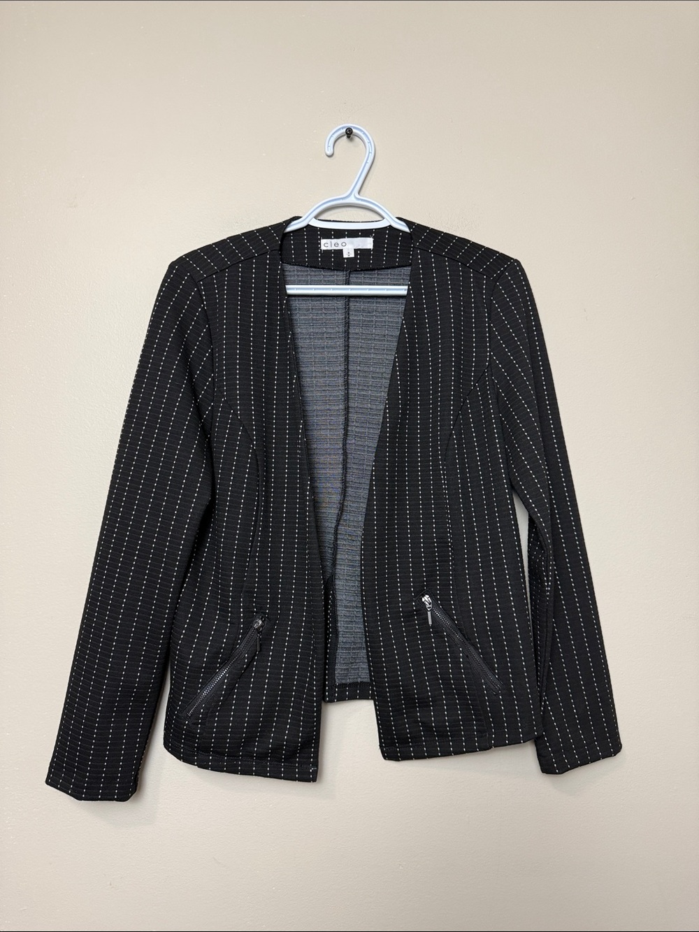 cleo Black Pinstripe Open Front Blazer with Zip Pockets size M